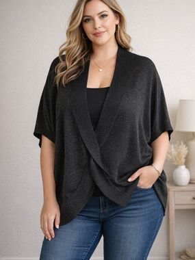 AE City black shimmer knit cardigan 1X plus size open front dolman sleeve sweate
